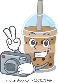 Chocolate bubble tea mascot design as a professional photographer with a camera