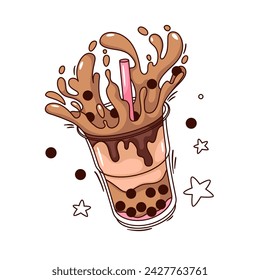 Chocolate bubble tea with pearls cartoon sticker. Funny retro cup with straw, splash of pouring coffee and milk, cartoon Asian tea or milkshake beverage patch in 70s 80s style vector illustration