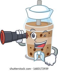 Chocolate bubble tea in Sailor cartoon character design with binocular