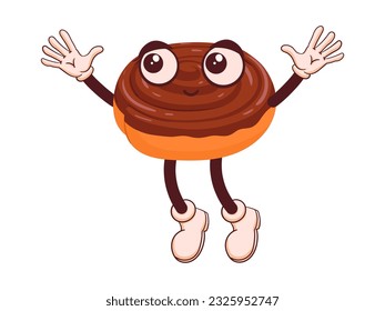 Chocolate bun mascot. Cartoon funny pastry emoji with face, arms and legs flat vector illustration. Cute bakery character