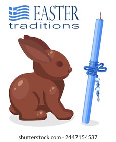 Conejito de chocolate y vela Grande de Pascua azul sobre fondo blanco con bandera griega y texto. Dulces tradiciones de Pascua de diferentes países. Ilustración vectorial. 