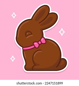 Chocolate bunny drawing. Cute rabbit with pink bow, traditional Easter treat vector illustration.