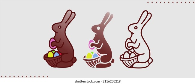 Chocolate bunny with easter eggs  in outline, flat and illustration, vector isolated elements