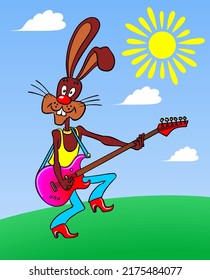 Chocolate bunny with an electric guitar. Cartoon rabbit guitarist. Vector color illustration.