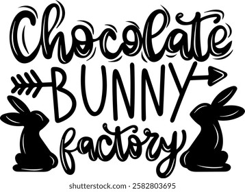 chocolate bunny factory happy easter black vector graphic design and cut file