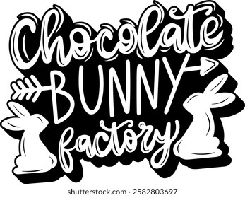 chocolate bunny factory happy easter black vector graphic design and cut file