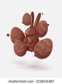 Chocolate bunny, rabbit, hare with flying eggs and bubbles, balls. Symbol of 2023 year. Happy Easter poster. Vector illustration for card, party, design, flyer, decor, banner, web, advertising.