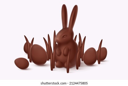 Chocolate bunny, rabbit, hare in the grass with eggs. Symbol of 2023 year. Happy Easter poster. Vector illustration for card, party, design, flyer, decor, banner, web, advertising.