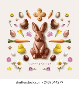 Chocolate bunny surrounded by Easter elements such as carrots, Easter eggs, flowers, marshmallow chicks. top view.