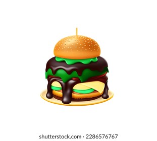 Chocolate burger on a white background. Cake with chocolate filling in the form of a burger. Vector illustration