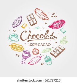 Chocolate cacao color. Hand drawing pattern of cacao beans, cocoa, cake, cup of hot chocolate, mug, latte. For menu and box design: shop, cafe, bar, restaurant, cooking, bakery.