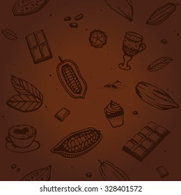 Chocolate cacao pattern: bean, cake, candy, cocoa, dessert, drink, hot,  powder, pudding, coffee. Design menu for restaurant, shop, confectionery, culinary, cafe, cafeteria, bar. Retro, vintage style.