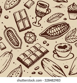 Chocolate cacao pattern: bean, cake, candy, cocoa, dessert, drink, hot,  powder, pudding, Design menu for restaurant, shop, confectionery, culinary, cafe, cafeteria, bar. Retro and vintage style.