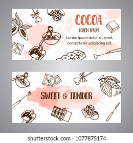 Chocolate cacao sketch banners. Cocoa banner. Design menu for restaurant, shop, confectionery, culinary, cafe. Cocoa beans line elements. Vector