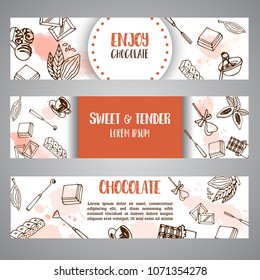 Chocolate cacao sketch banners. Design menu for restaurant, shop, confectionery, culinary, cafe, cafeteria, bar. Cocoa beans line elements. Vector