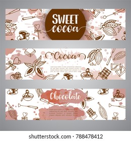 Chocolate cacao sketch banners. Design menu for restaurant, shop, confectionery, culinary, cafe, cafeteria, bar. Cocoa beans line icon or emblem.