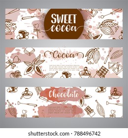 Chocolate cacao sketch banners. Design menu for restaurant, shop, confectionery, culinary, cafe, cafeteria, bar. Cocoa beans line icon or emblem.