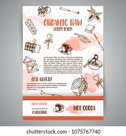 Chocolate cacao sketch brochure. Design menu for restaurant, shop, confectionery, culinary, cafe, cafeteria, bar. Cocoa beans line elements. Vector