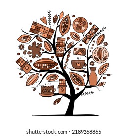 Chocolate, cacao and sweets. Concept art choco tree for your design. Vector illustration isolated on white
