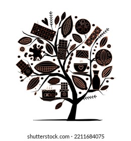 Chocolate, cacao and sweets. Concept art choco tree for your design. Vector illustration isolated on white