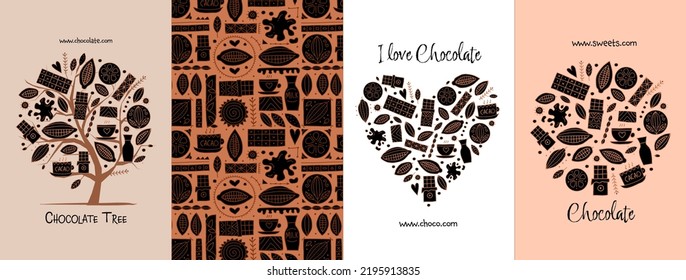 Chocolate, cacao and sweets - concept arts collection. Frame, pattern, tree, heart shape. Set for your design project - cards, banners, poster, web, print, social media, promotional materials
