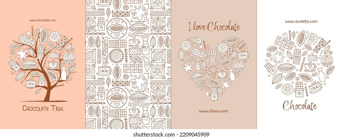 Chocolate, cacao y dulces - colección de arte conceptual. Marco, patrón, árbol, forma cardíaca. Establece tu proyecto de diseño - tarjetas, carteles, afiches, web, impresos, medios sociales, materiales promocionales. Vector