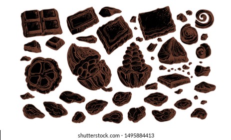 Chocolate and cacao. Vector fruit and bean set on white background. Hand drawn outline sketch, natural sweet food. Group of isolate shape. Vintage graphic illustration
