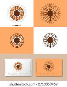 Logo de la cafetería de chocolate. Emblema con una taza, una gota de chocolate y letras en un marco redondo. Tarjeta de visita.