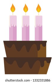 A chocolate cake with 3 lighted pink candles, vector, color drawing or illustration.