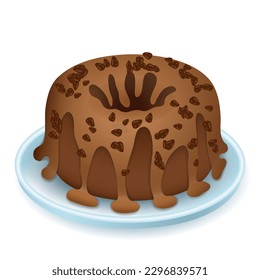 Chocolate cake 3d vector illustration. Served dessert on plate at home or restaurant in cartoon style isolated on white background. Restaurant, menu, food concept