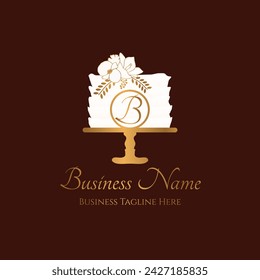 Chocolate Cake Bakery Logo in Elegant Style, Gold Flowers and Initial Letter