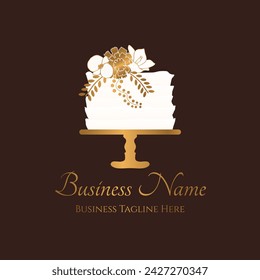 Chocolate Cake Bakery Logo in Elegant Style and Gold Flowers