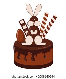 Chocolate cake with chocolate bars, bunny and egg. Flat vector illustration