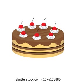 Chocolate cake in brown color with cream and cherry topping. Simple birthday cake