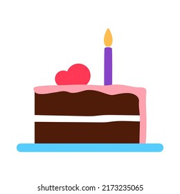 Chocolate Cake With Burning Birthday Candle Color Flat Icon Isolated On White Background. Fresh Portion Of Brownie. Holiday Creamy Piece Of Pie Minimal Sign. Frosting Dessert Slice Vector Illustration