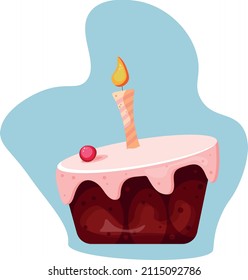 Chocolate cake with candle and cherry with blue background