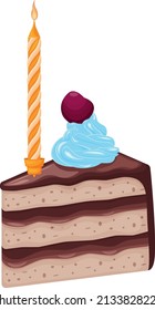 Chocolate cake with a candle. A piece of chocolate cake with a candle. Sweet birthday dessert. Vector illustration isolated on a white background