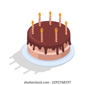 Chocolate cake with candles. Gift for birthday or wedding anniversary. Cafe or restaurant menu. Design elemnet for invitation and greeting postcard. Cartoon isometric vector illustration