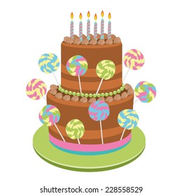 Chocolate cake with candles and lollipops