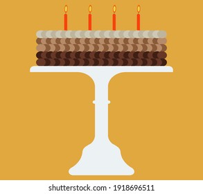 chocolate cake with candles is on a white stand 
