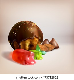 chocolate cake, candy, cake, almonds, set, icon