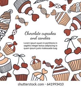 Chocolate cake, candy, ice cream doodle background. Colored decorative card template of hand-drawn sweets. Cookery design flyer. Culinary concept booklet page. EPS 10 vector illustration.