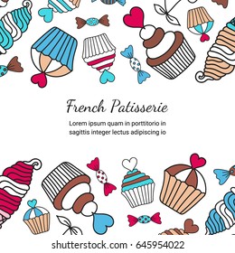 Chocolate cake, candy, ice cream doodle background. Colored decorative card template of hand-drawn sweets. Cookery design flyer. Culinary concept. EPS 10 vector illustration.