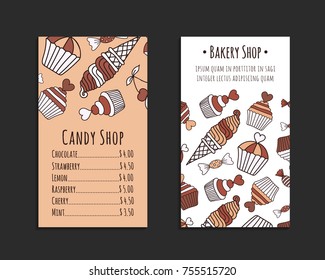Chocolate cake, candy, ice cream doodle card set. Brown and beige colored decorative brochure template with hand-drawn sweets. Cookery design flyer. Culinary concept background. EPS 10 vector 