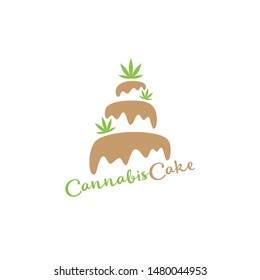 Chocolate cake with cannabis; Simple vector logo; Liquid glaze and marijuana leaves; Isolated object on white background.