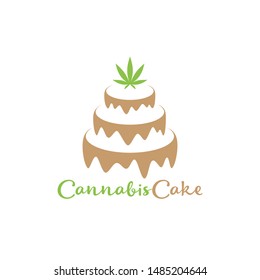 Chocolate cake with cannabis; Simple vector logo; Liquid design and marijuana leaf; Isolated stencil on white background. 