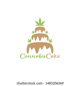 Chocolate cake with cannabis; Simple vector logo; Liquid design and marijuana leaf; Isolated stencil on white background.