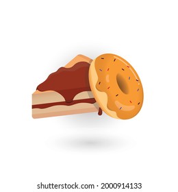 Pastel de chocolate y donut de queso. menú café, restaurante. ilustración vectorial