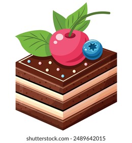 A chocolate cake with cherries and blueberries on top.