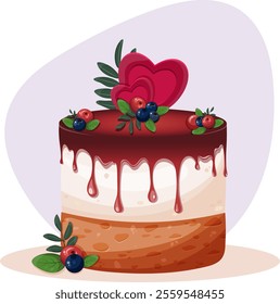 chocolate cake with cherries and blueberries  vector illustration